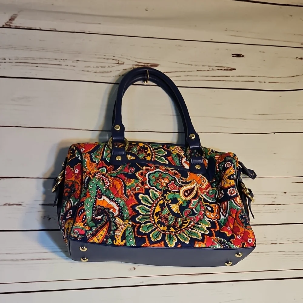 Vera Bradley Boho Paisley Satchel Handbag Leather Trim‎ Gold Accents Top Handle